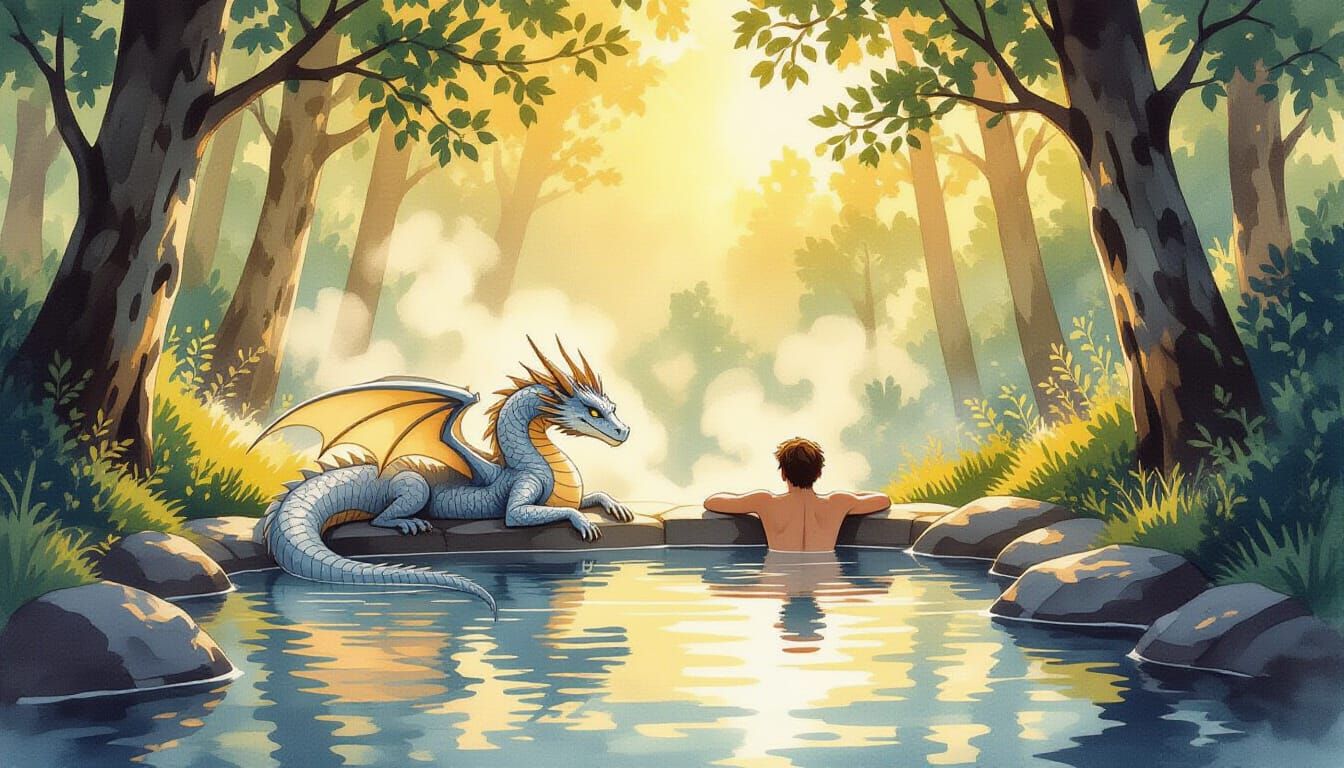 Silver Dragon and Human Relaxing at Forest Hot Spring