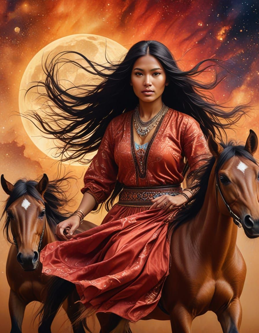 Surreal Native American Woman with Horses