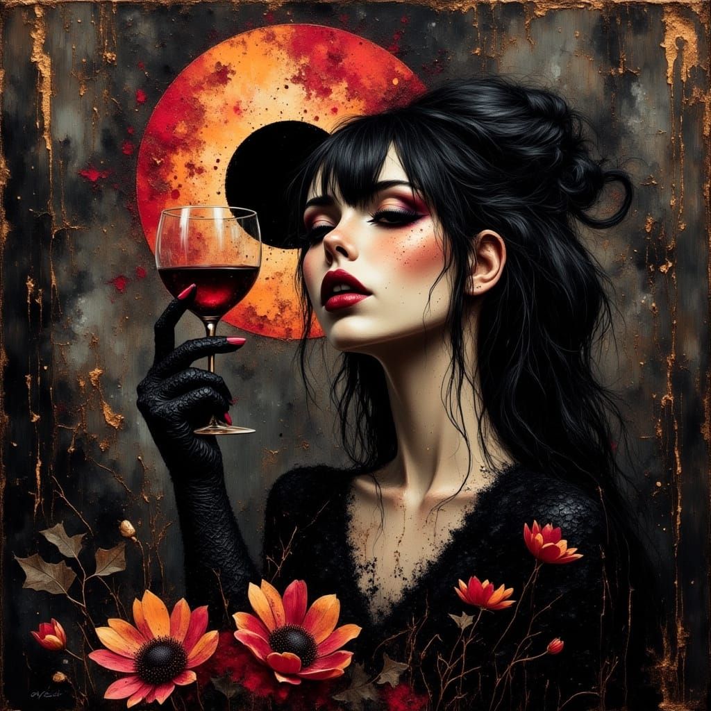 Mysterious Woman in Midnight Garden Under Blood Moon