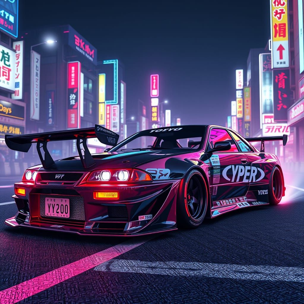 Cyberpunk Tokyo Drift Car with Neon Lights