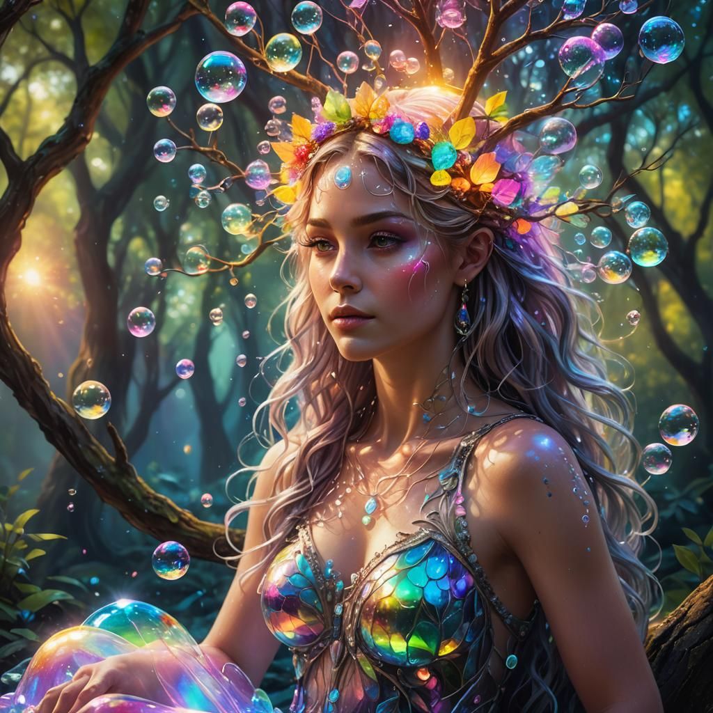 Iridescent Bubble Fairy in Bioluminescent Forest