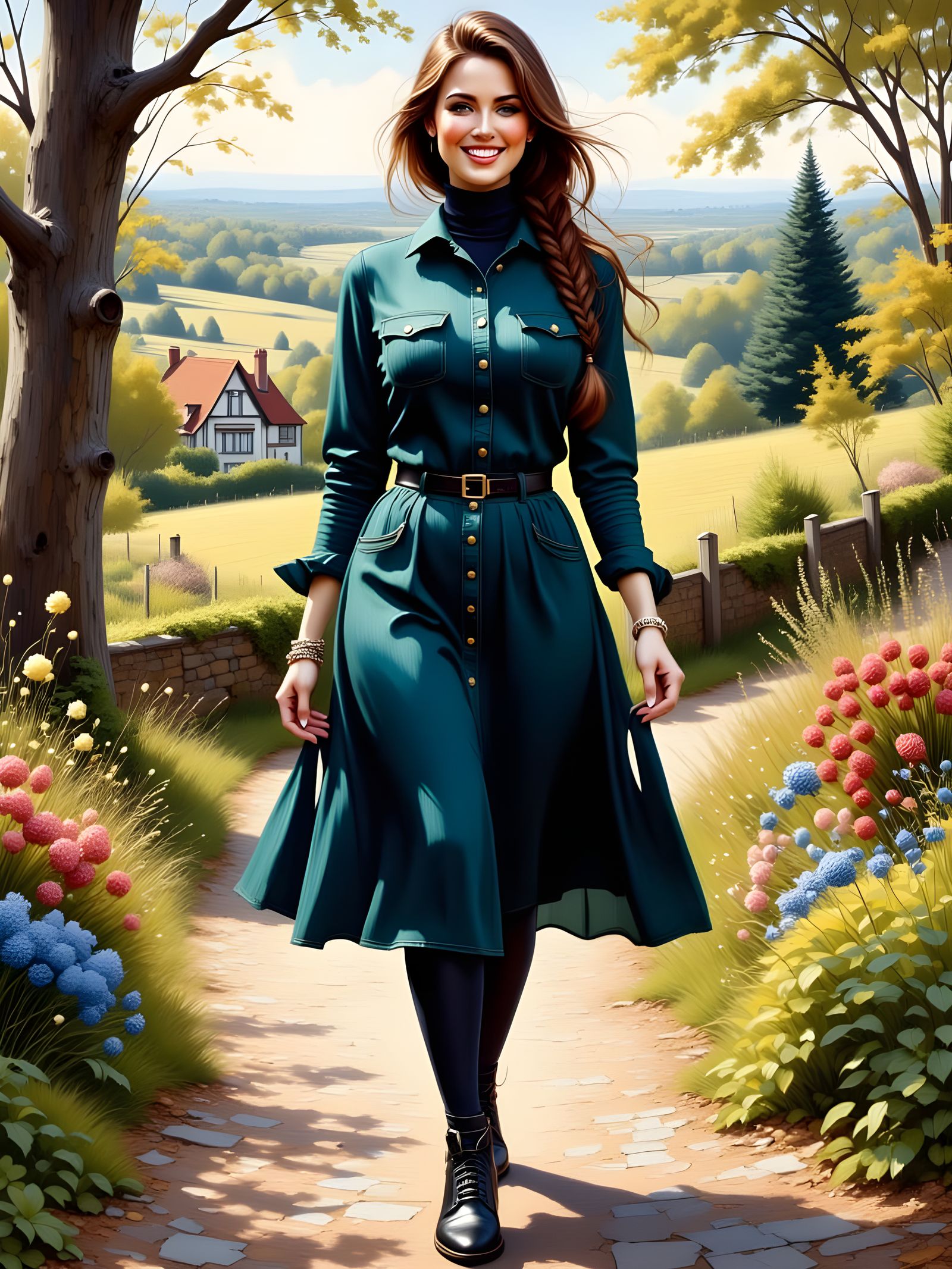 Brunette in English Landscape: Ornate Painting Style