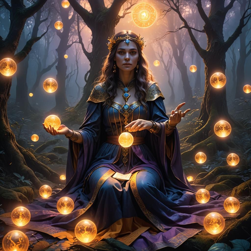 Mystical Woman with Tarot Card in Art Nouveau Style