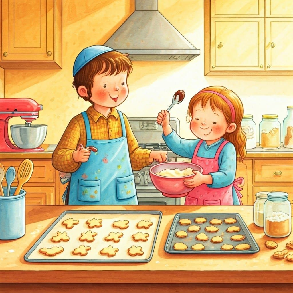 Whimsical Watercolor Kitchen Scene with Children Baking
