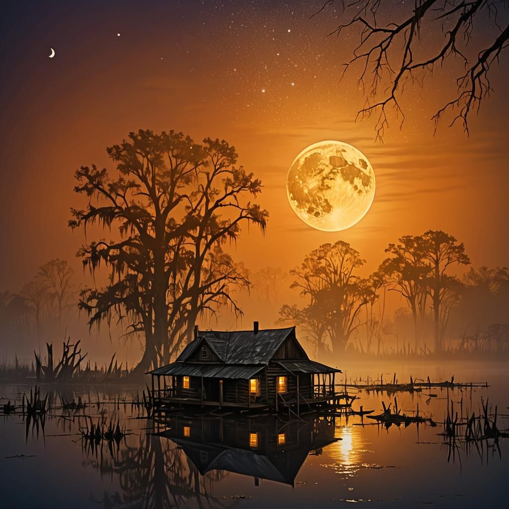 Louisiana Swamp Cabin in Impressionistic Style