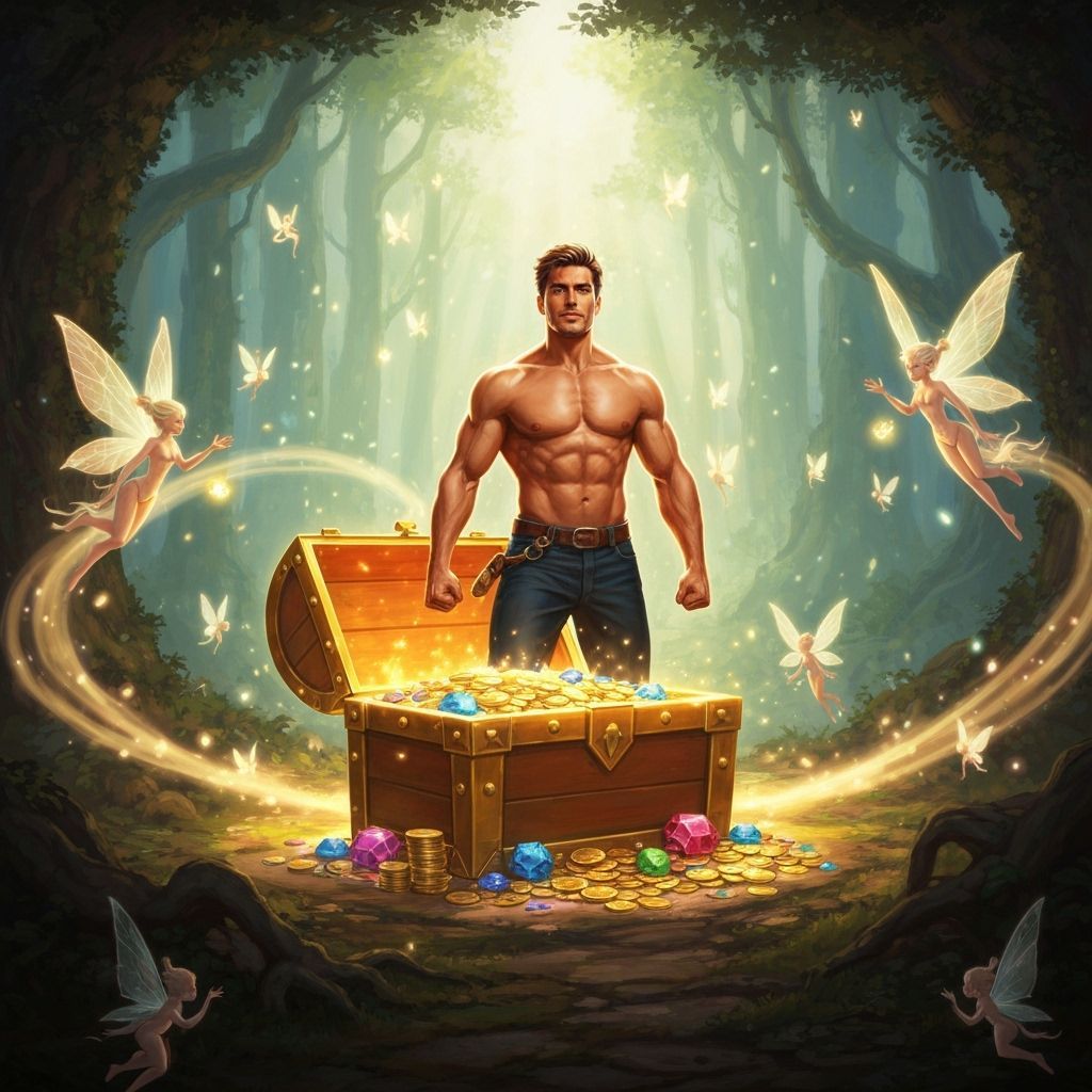Heroic Man Emerges from Treasure Chest into Enchanted Forest