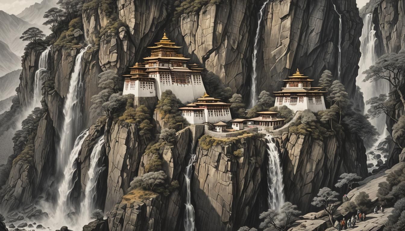 Tibetan Monastery Cliffside Charcoal Drawing