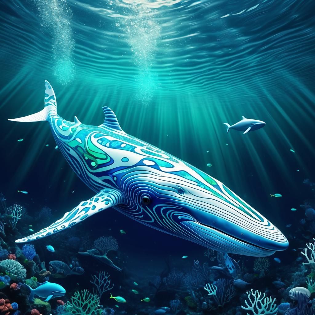 a beautiful blue whale made of white glass invisibel with a miniature Caribbean underwater world inside the entire blue ...