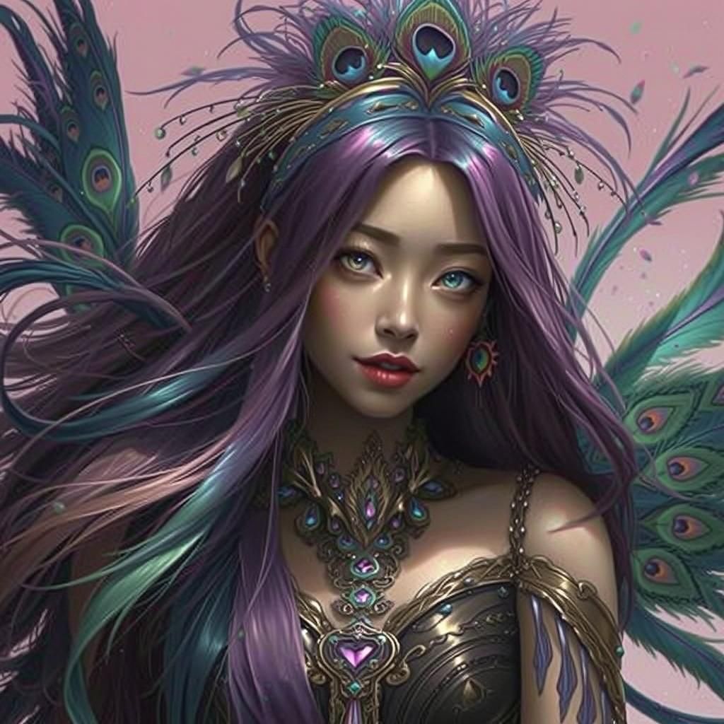 Elegant Woman with Rainbow Skin and Peacock Feathers