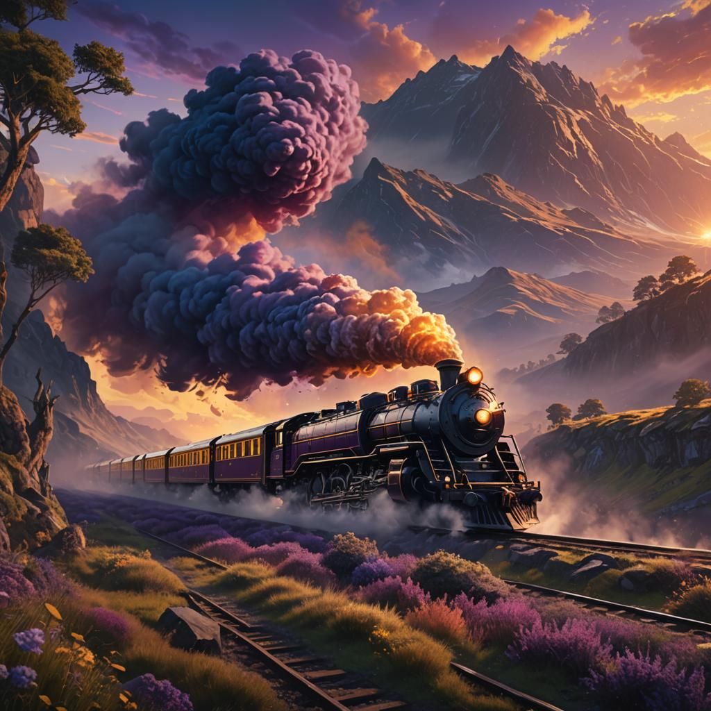 Majestic Train Speeding Through Mystical Sunset Landscape
