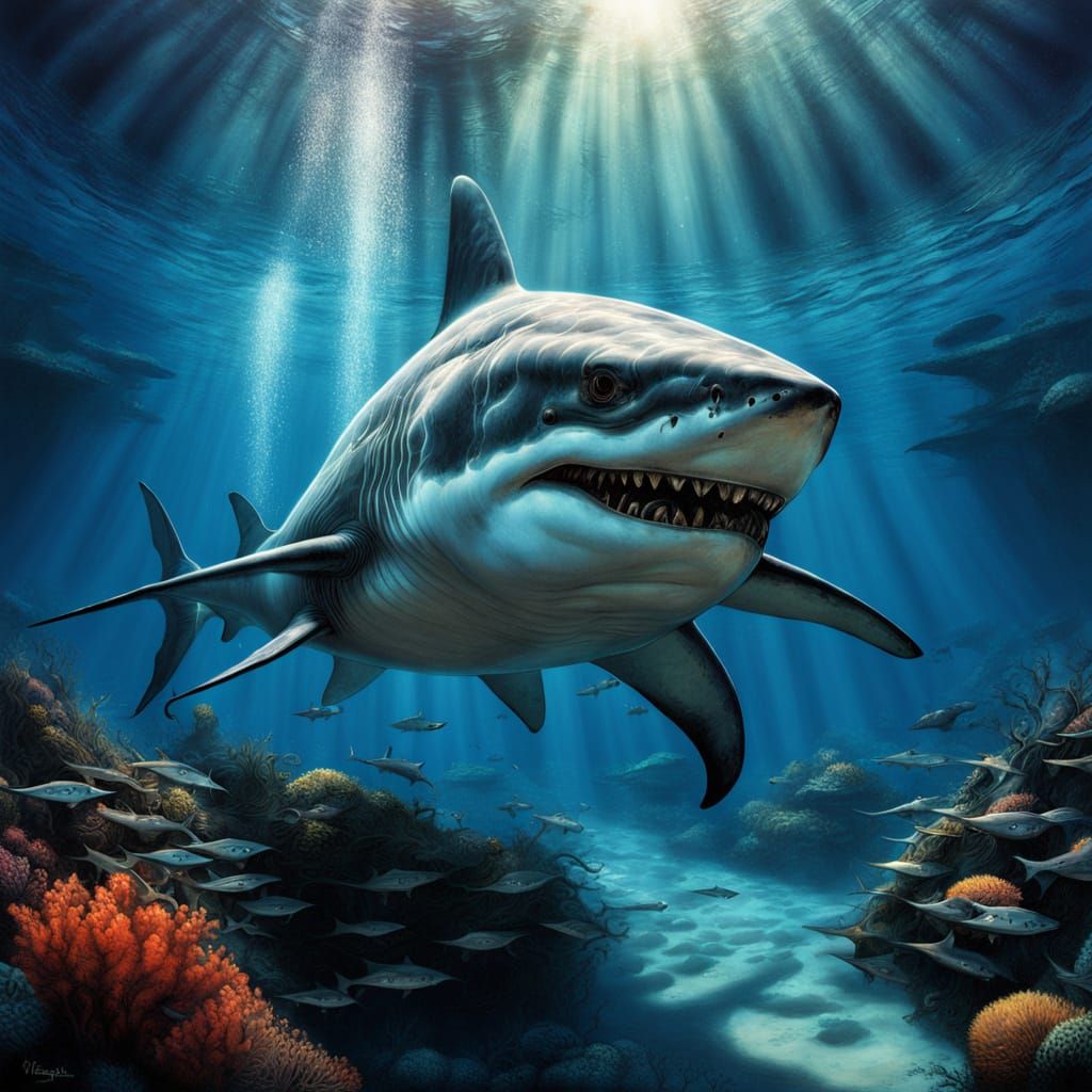 Powerful Great White Shark Swims Through Oceanic Depths