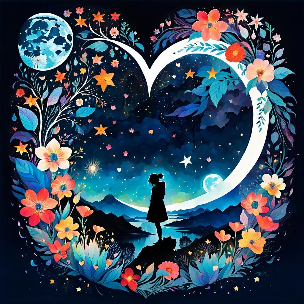 Heart with Moonbeams and Flowers in Anime Style
