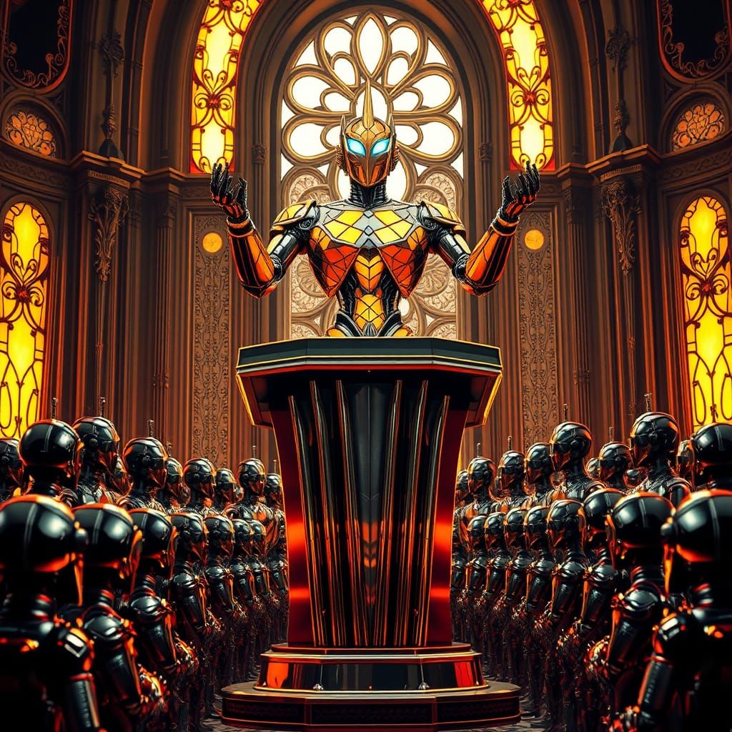 Art Deco Robot Preaching to Futuristic Congregation