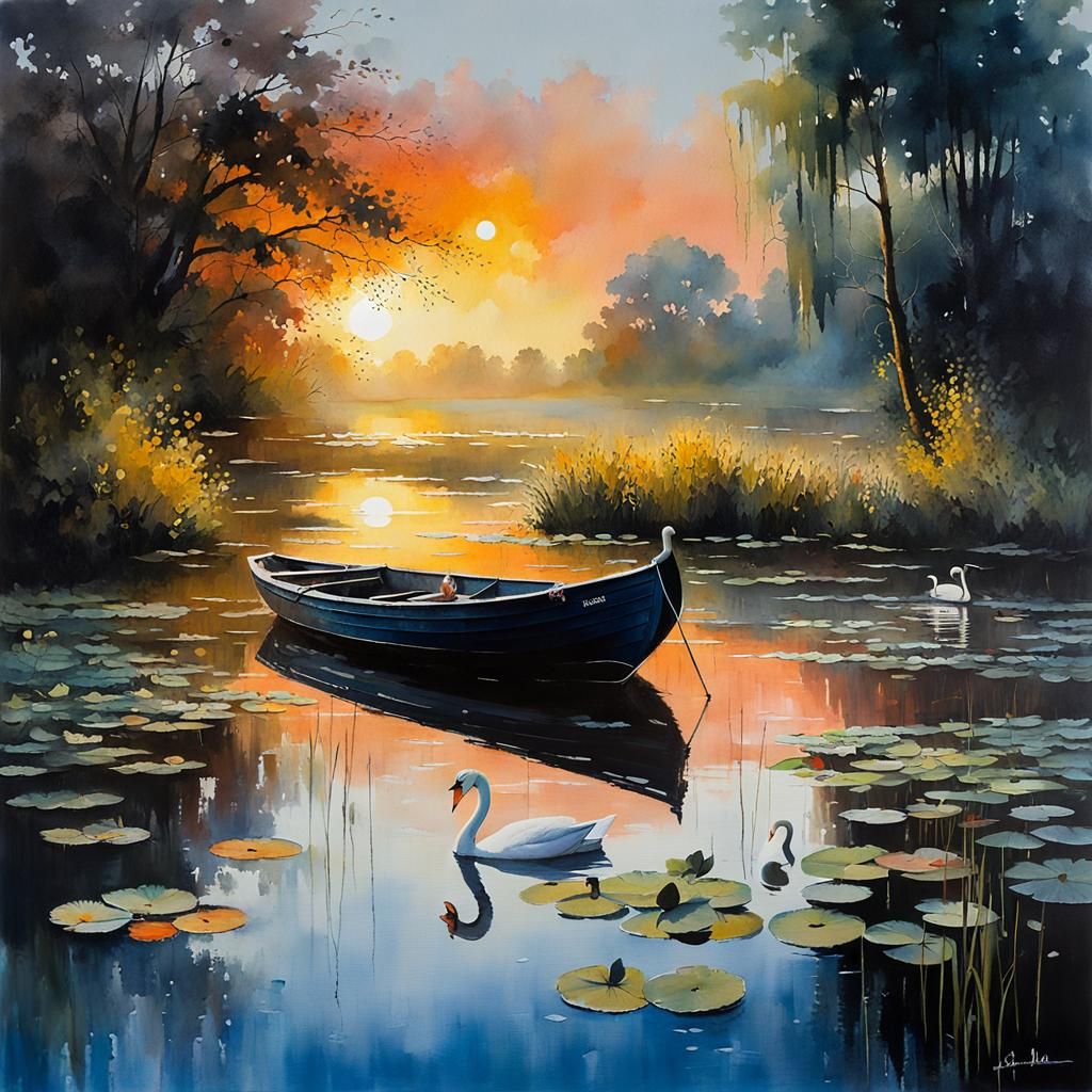 Serene Lake at Sunset: Graffiti Art Style