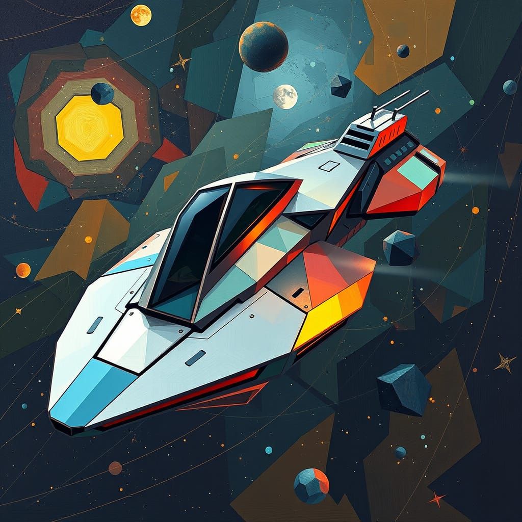 Neo-Cubist Spaceship Navigating a Starry Galaxy