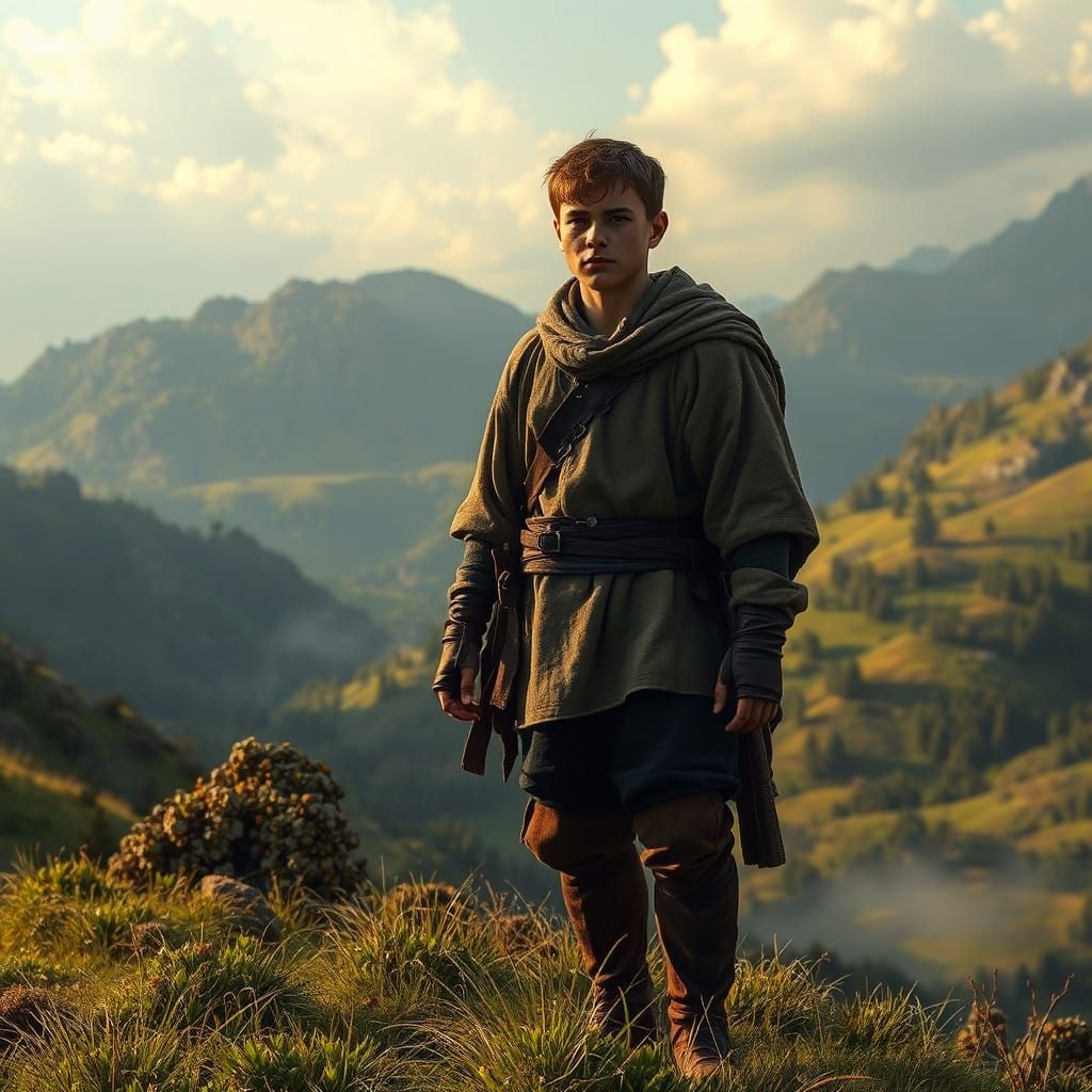 Medieval Peasant Standing in a Verdant Valley