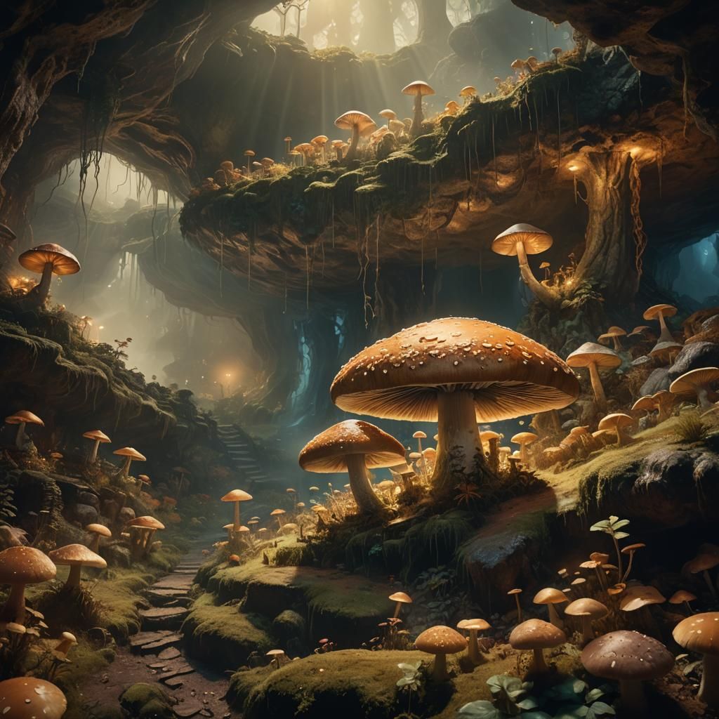 Giant Mushroom in Ethereal Cave, Fantasy Art