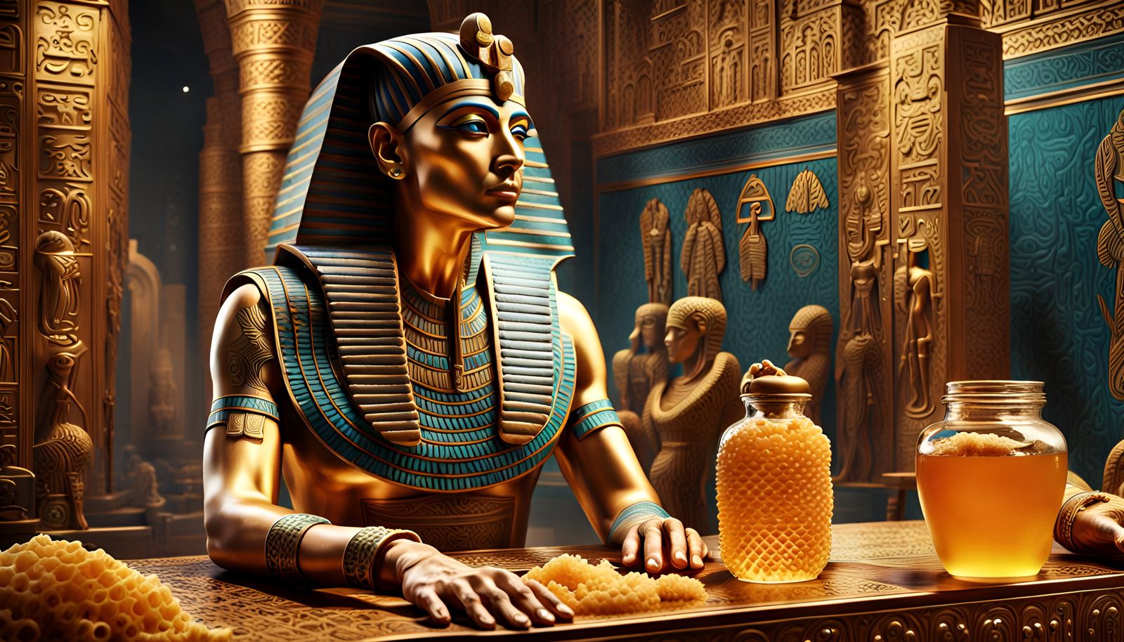 Pharao Tutanchamun looking to a honey comb on table, backgro...