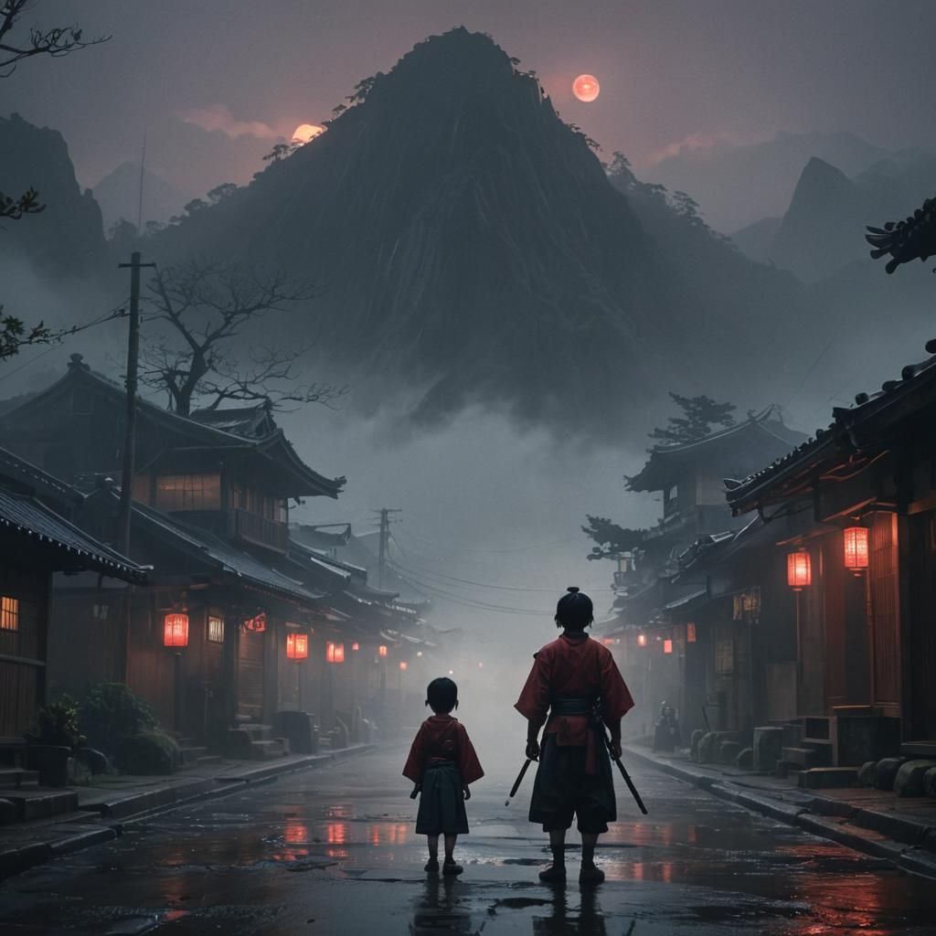 Sci-Fi Samurai Child in Foggy Japanese Village