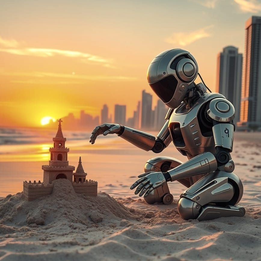 a futuristic scene of a humanoid robot meticulously building...