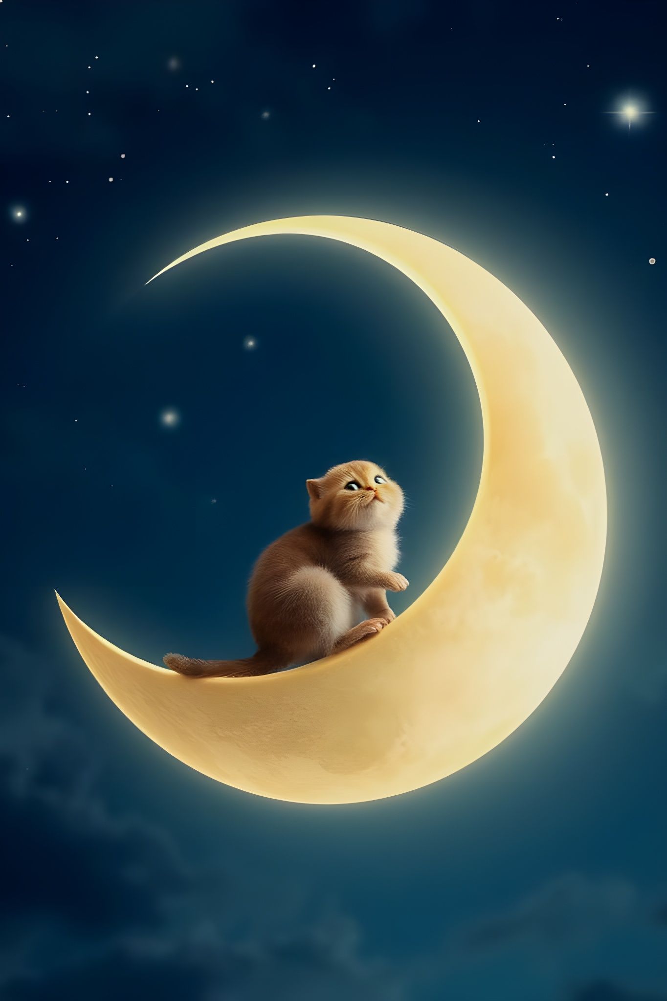 Happy Cat Basks on a Glowing Lunar Crescent