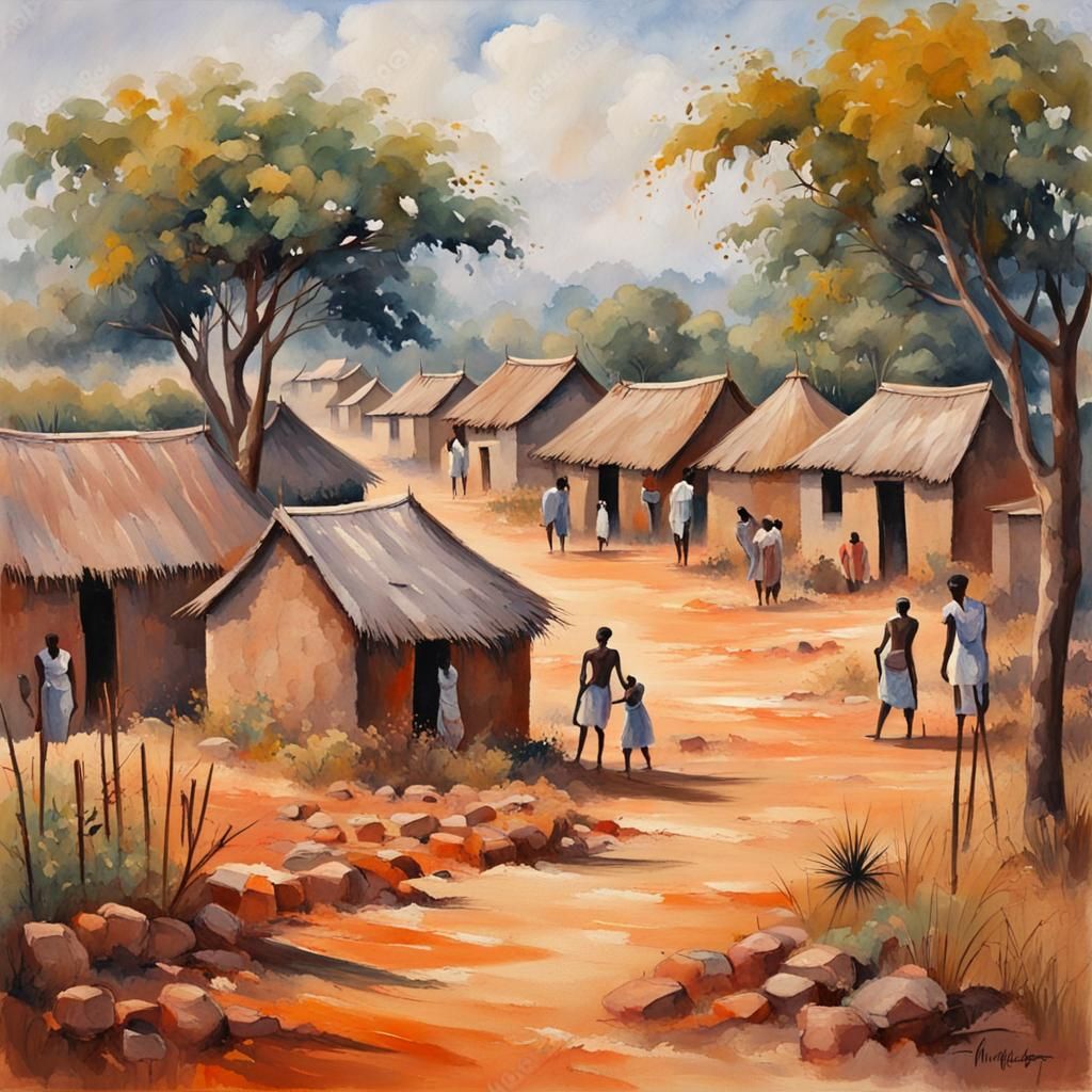 African Village Gouache Painting in Impressionist Style