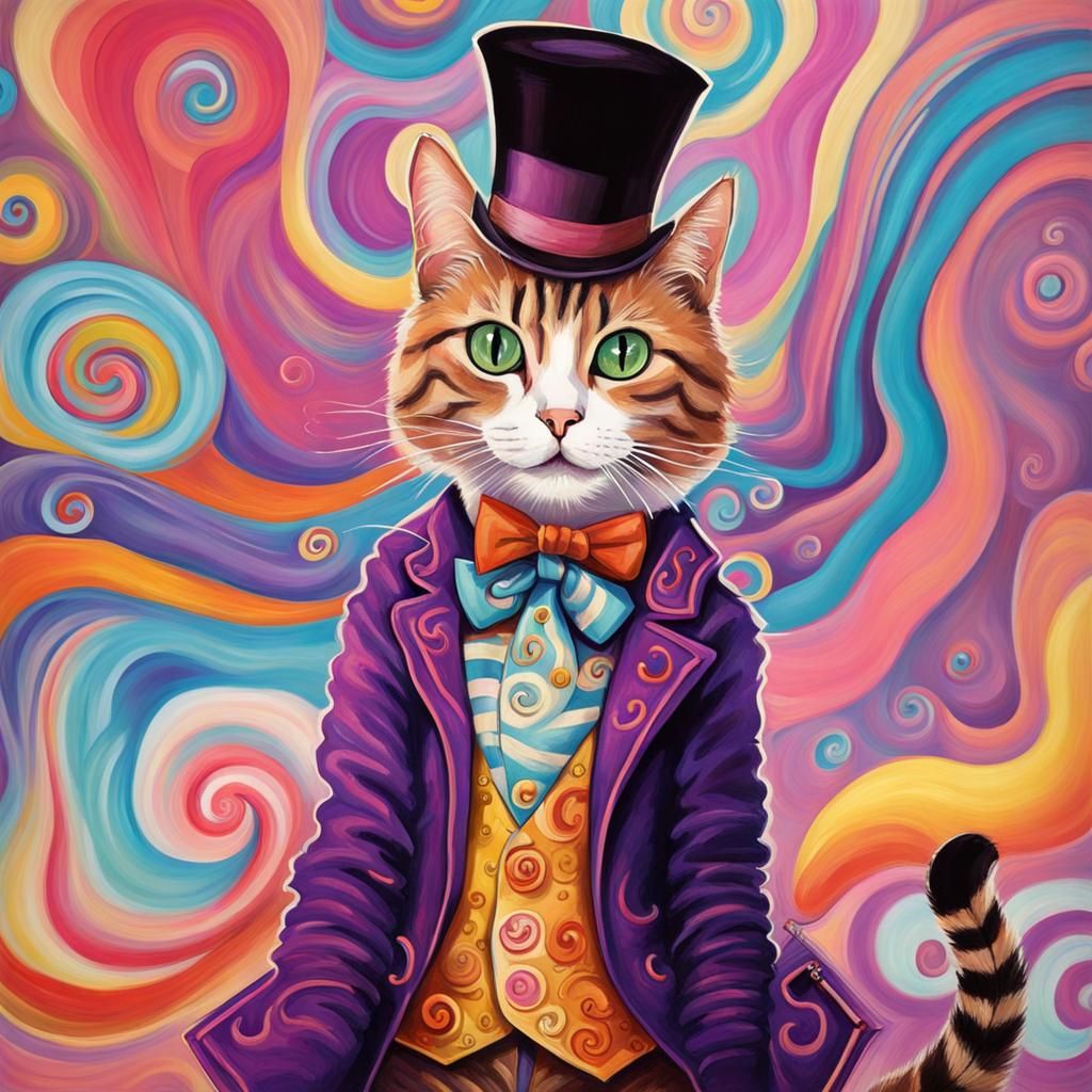 Cat dressed up like Willy Wonka full body dramatic pose