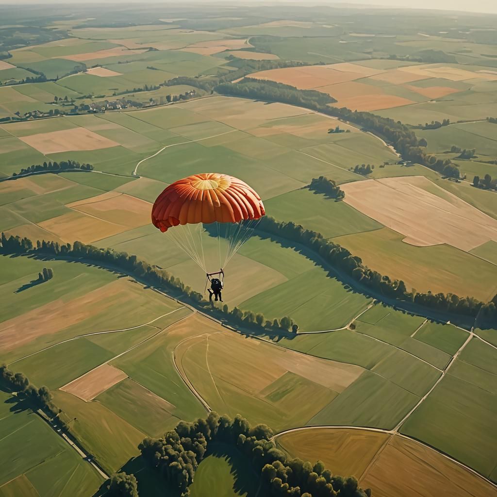 Man Parachuting Above Serene Landscape as Oil Painting