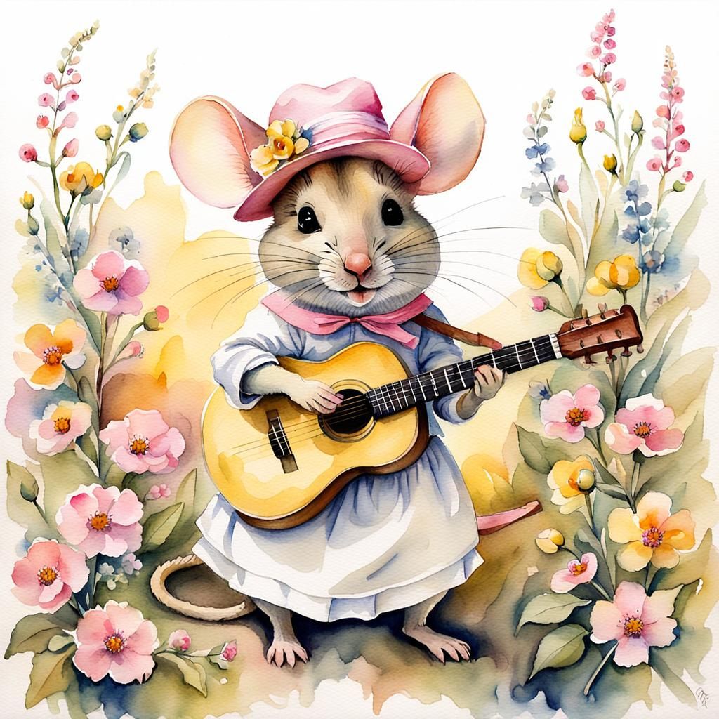 Mouse in Yellow Hat Plays Guitar, Watercolor Style