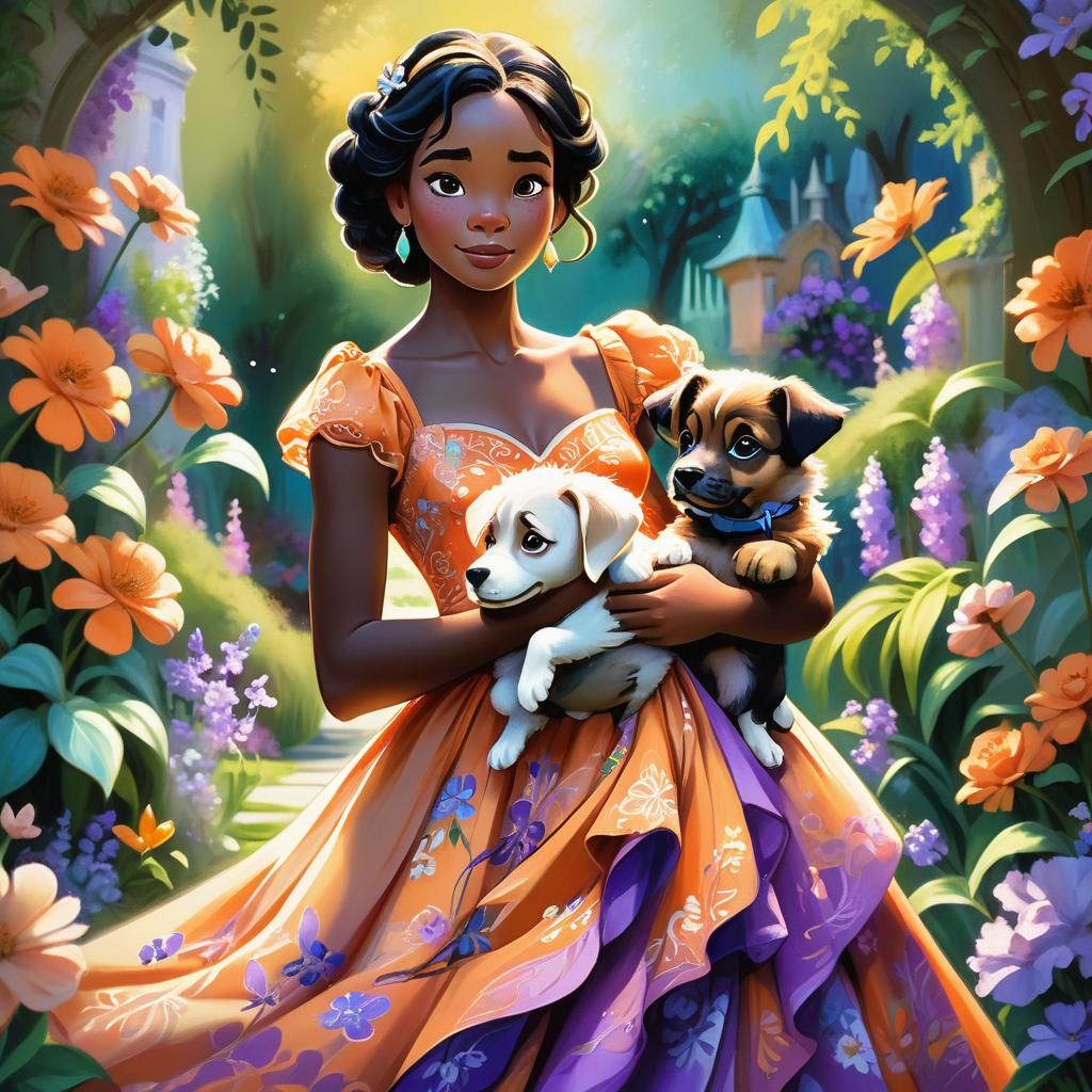 Tiana in Orange Dress with Puppy in Whimsical Garden