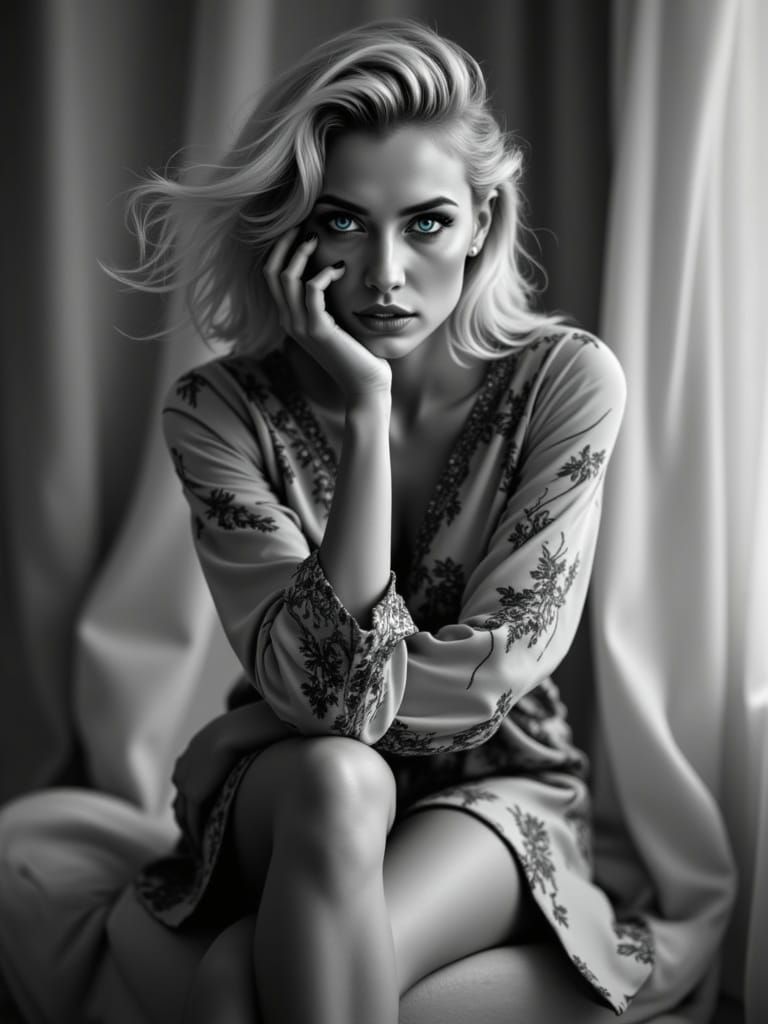 Monochromatic Woman Captured in Timeless Black-and-White Ele...