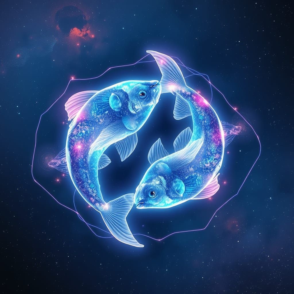 Cosmic Dance of Ethereal Fish in Iridescent Hues