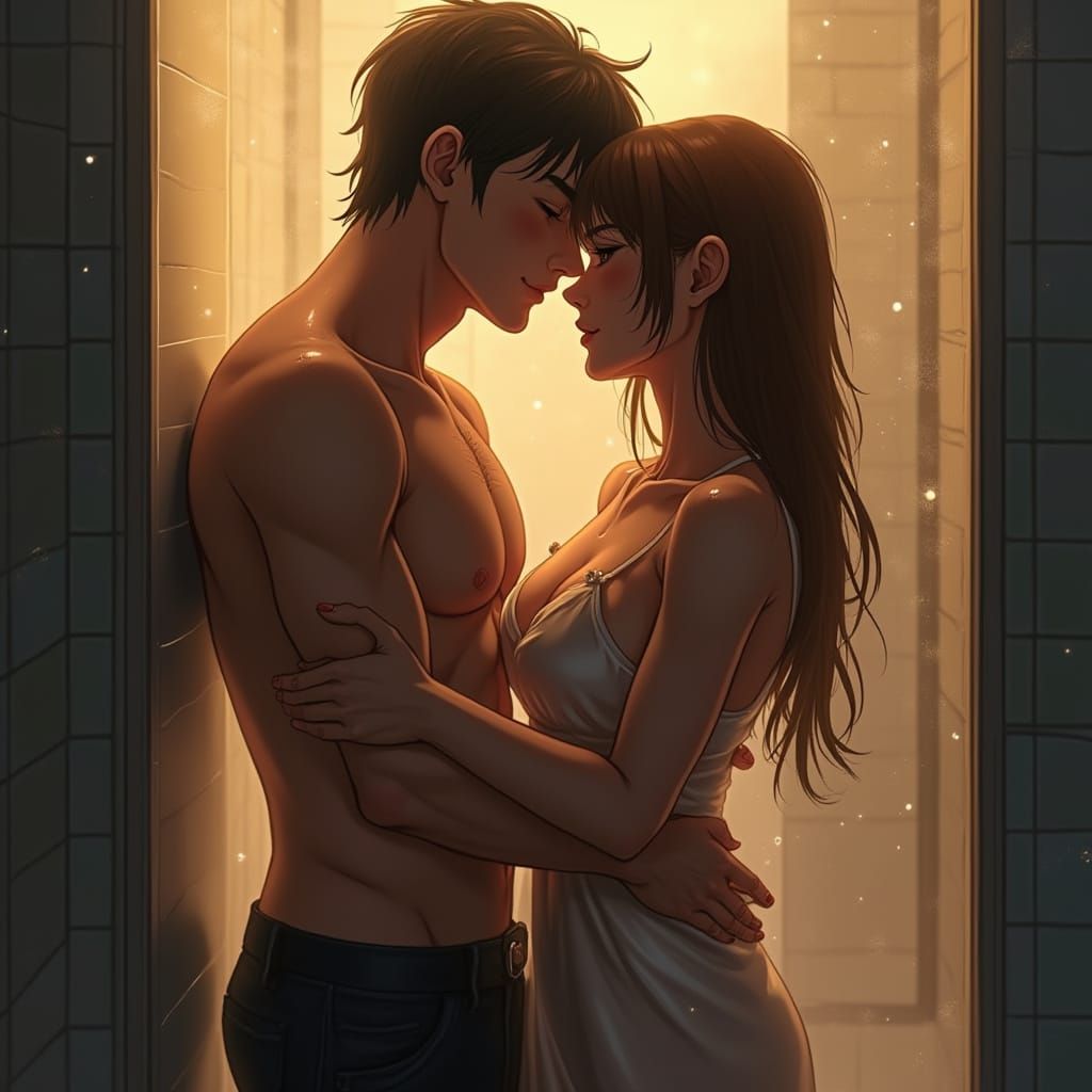 Passionate Couple Embrace in Steamy Shower, Anime Style
