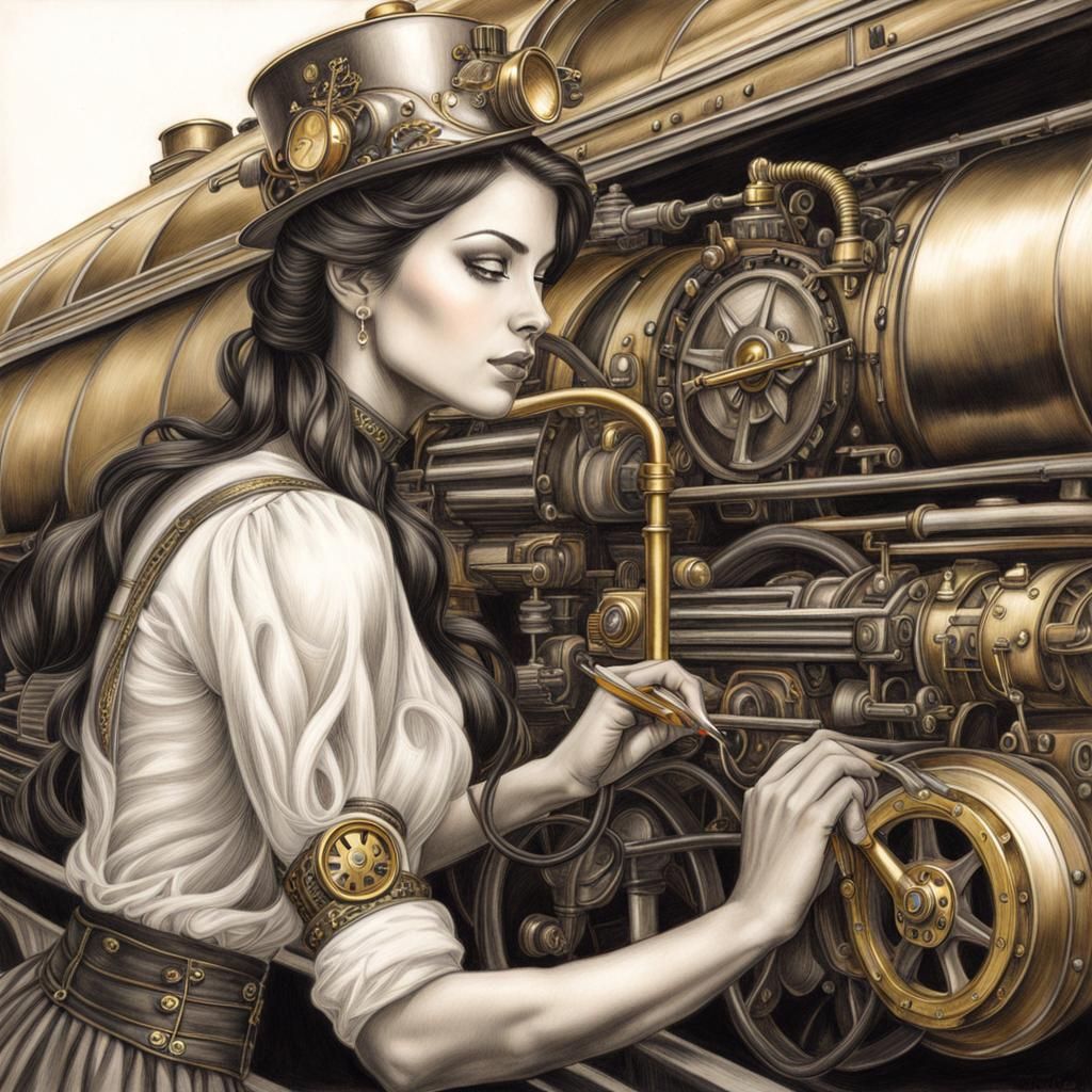 Steampunk Train: Woman Engineer in Pencil Drawing