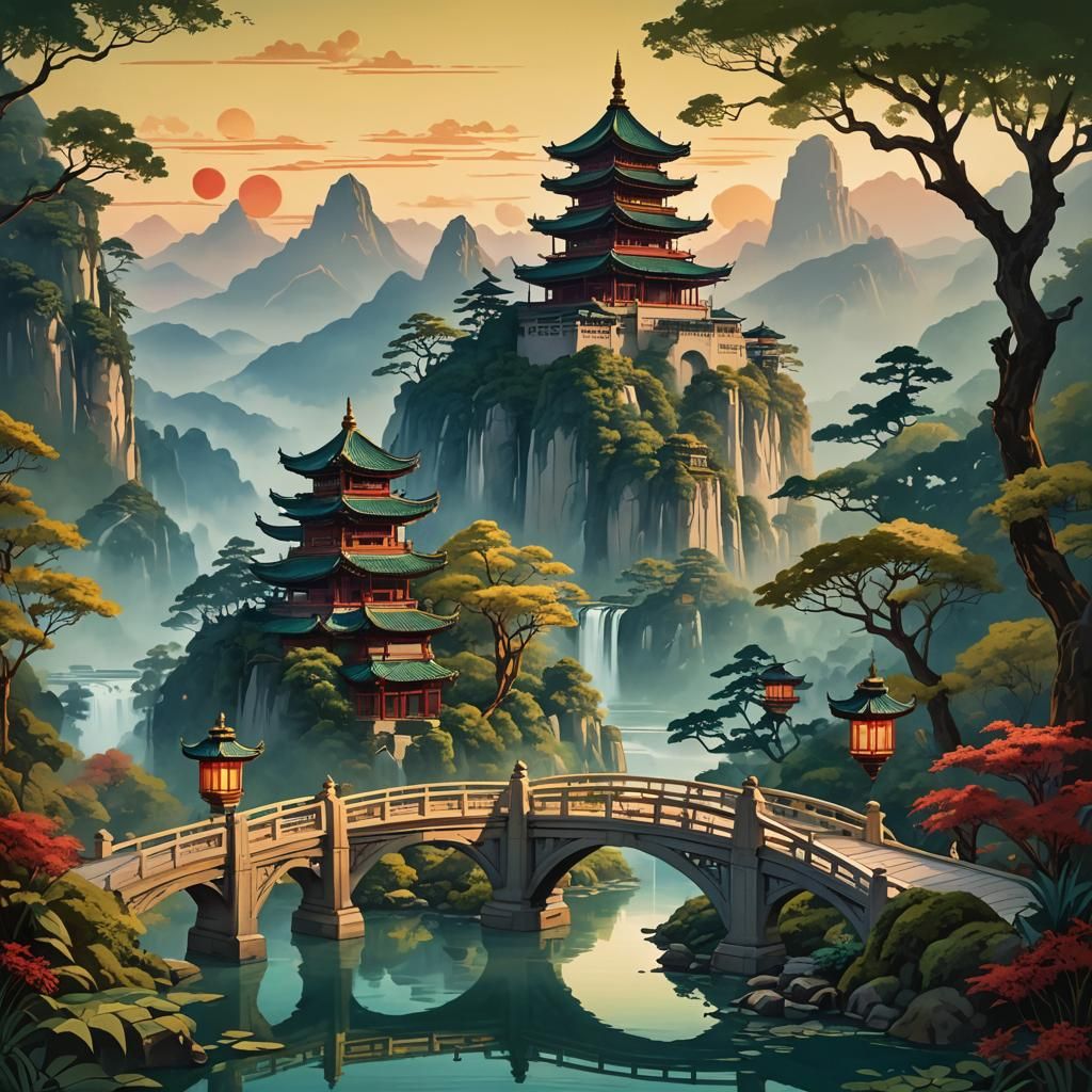 Art Deco Travel Poster of Chinese Bridge at Dusk
