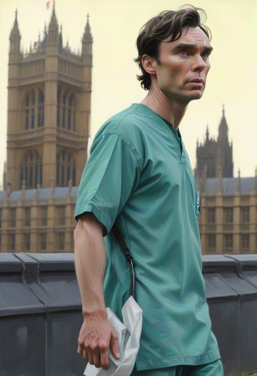Cillian Murphy Walking Towards Abandoned Parliament in Green...