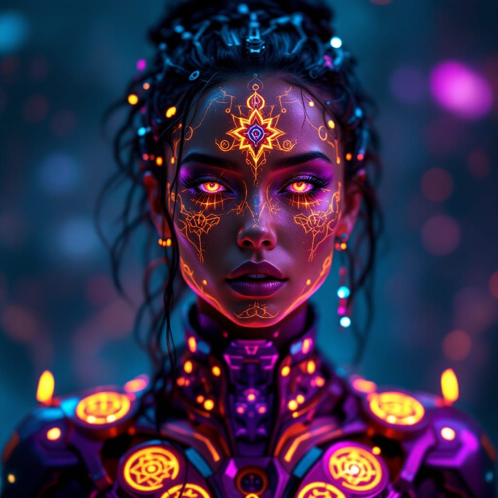 Celestial Techno-Shaman Woman in Luminous Armor