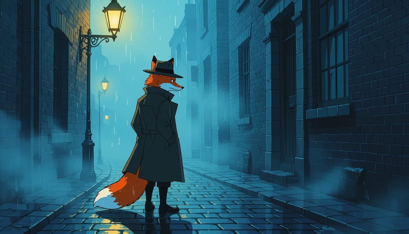 Fox Detective in Foggy Alleyway, Anime Noir Style