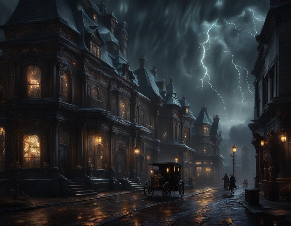 Victorian Street Scene Oil Painting with Lightning