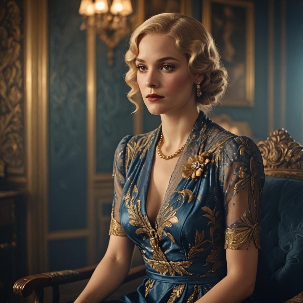 Elegant 1930s Woman in British Parlour, Vintage Glamour