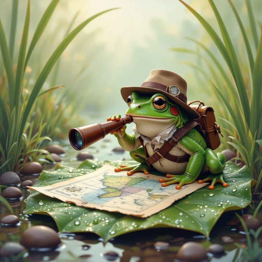 Whimsical Frog Explorer Studies Map on Giant Leaf
