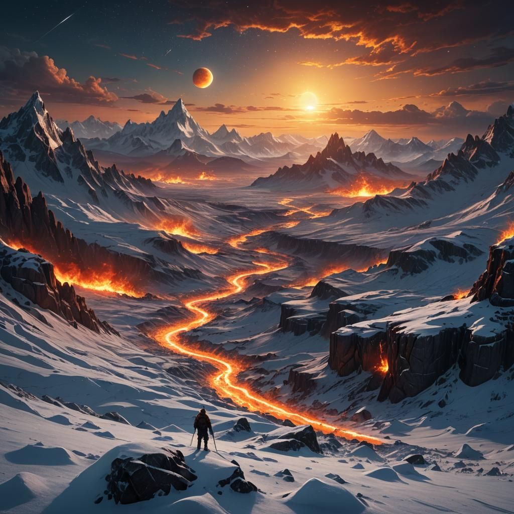 Burning Suns Over Frozen Night Landscape