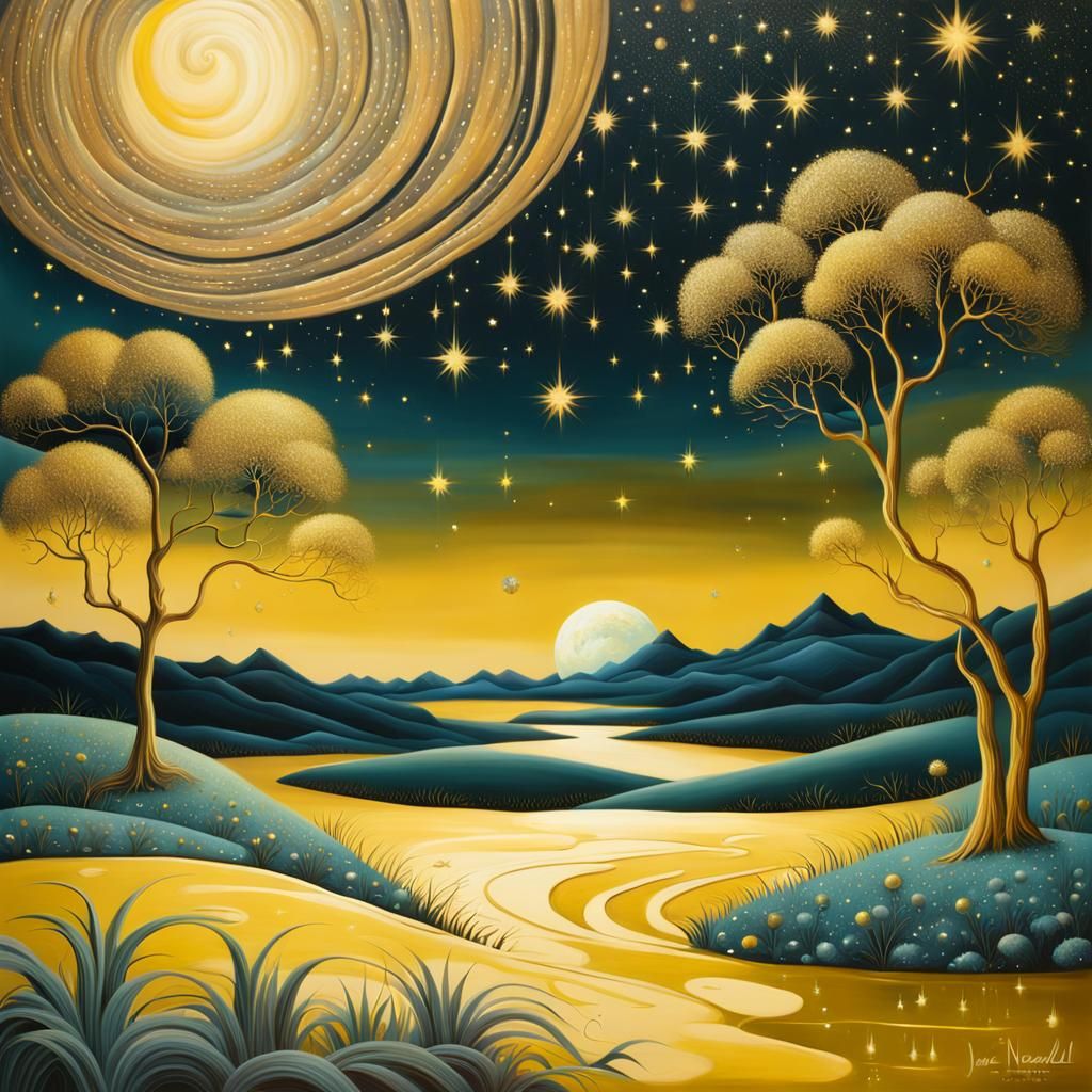Glittering dreamy landscape in yellow shades