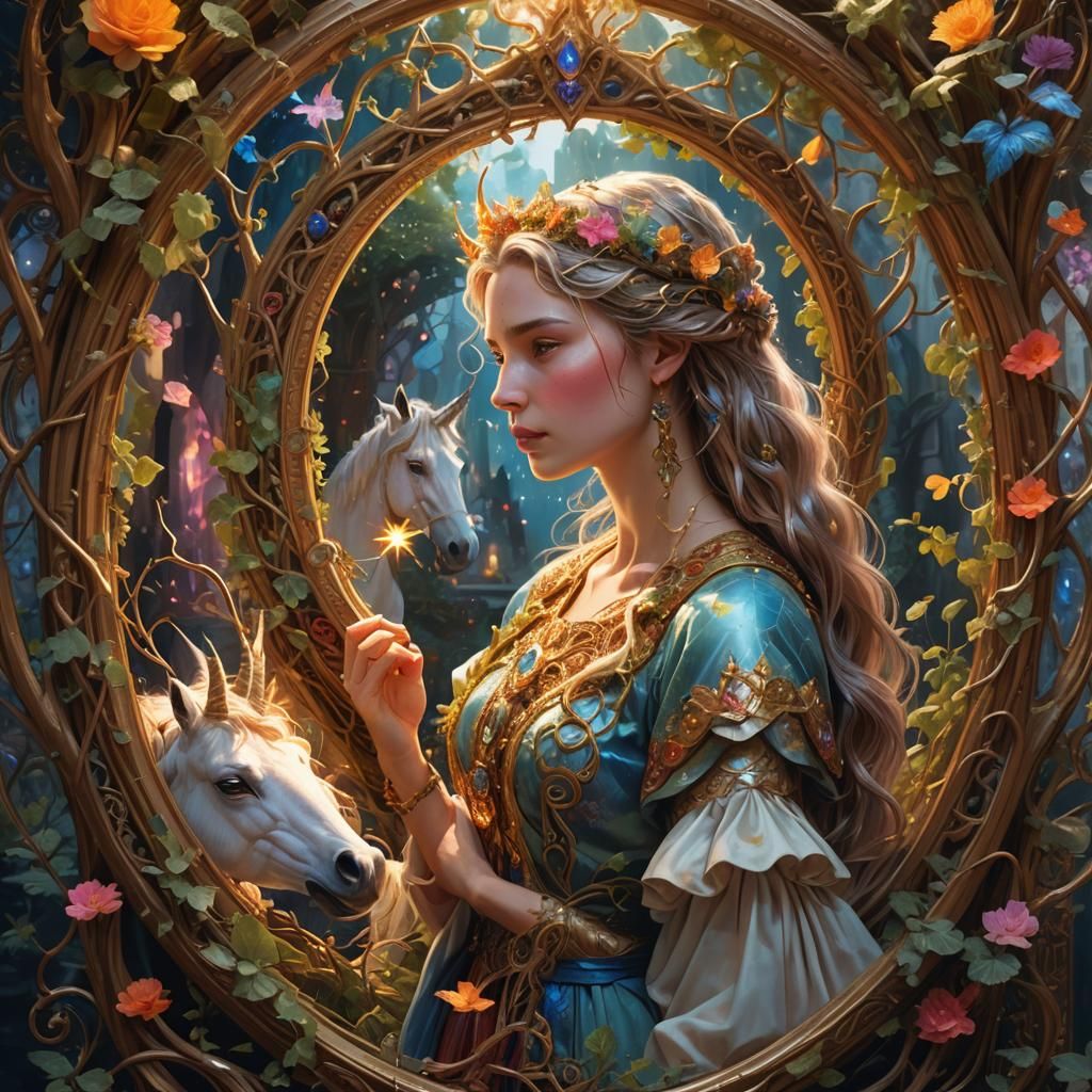 Woman Gazing into Mirror Reflecting Unicorn World