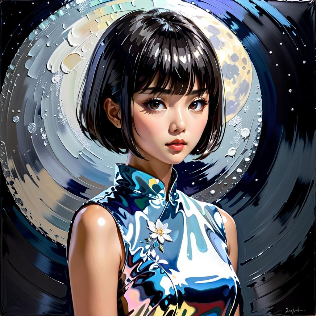 Reflective Portrait: Woman in Moonlit Castle, Impasto Oil