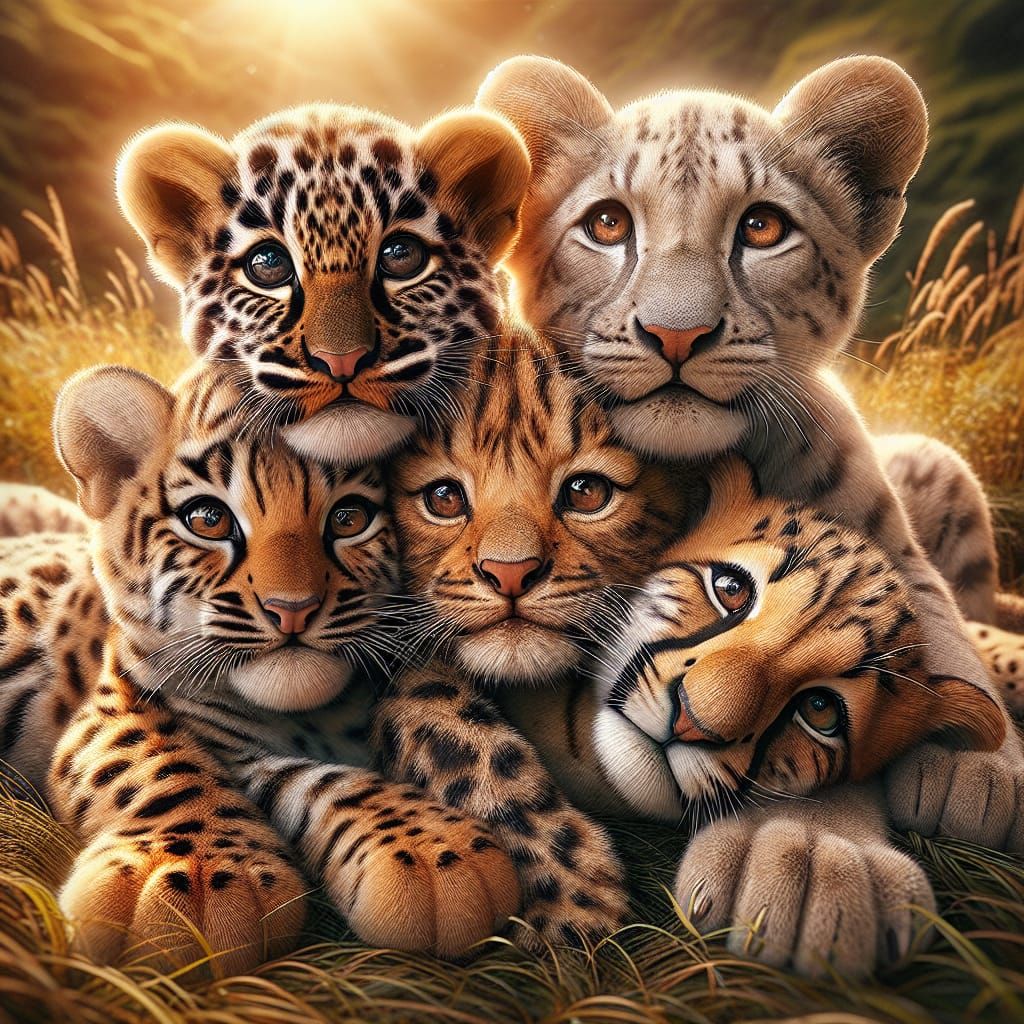 Adorable Animal Cubs Cuddling in Hyperrealistic Style