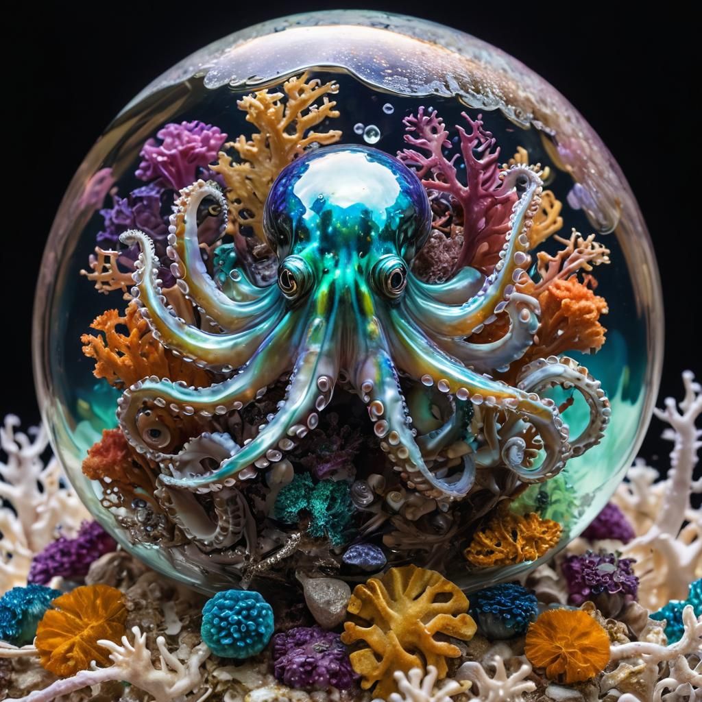 Iridescent Octopus in Shimmering Reef Orb