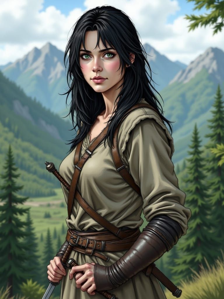 Portrait of a Warrior Maiden in a Mountain Forest