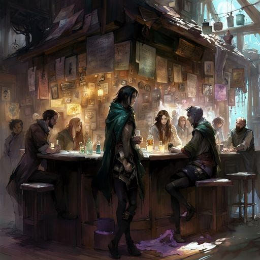 Fantasy Tavern Scene with Adventurer, Goth Art Style