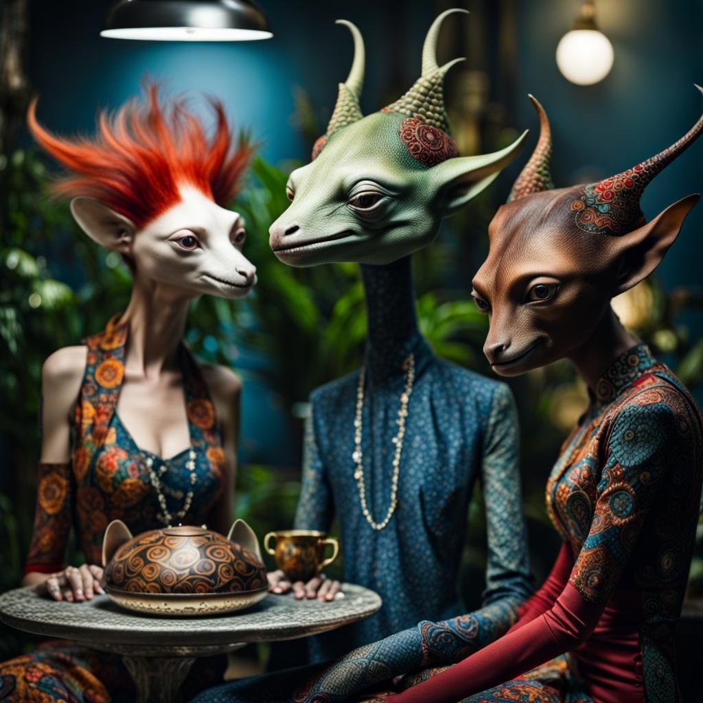 Surreal Restaurant Scene with Beautiful Aliens